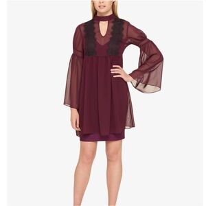 JESSICA SIMPSON Women’s Purple Lace Long Bell Sleeve Choker Shift Mini Dress NWT